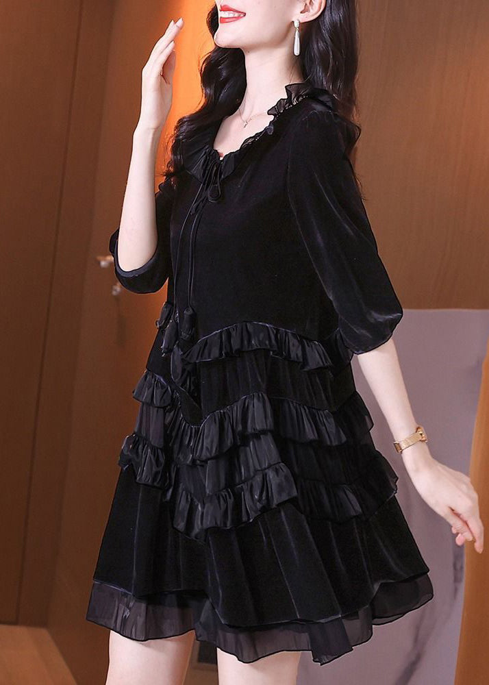 Italian Black Ruffled Lace Up Patchwork Velour Mid Dress Half Sleeve - View 2