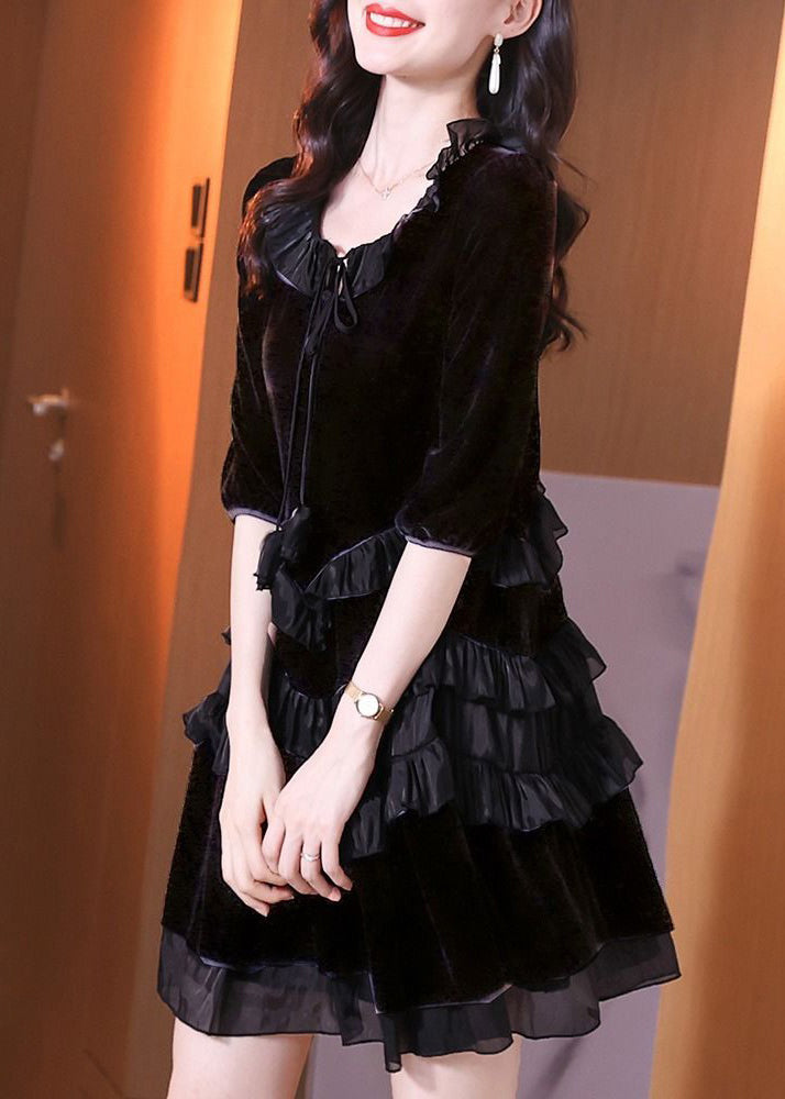 Italian Black Ruffled Lace Up Patchwork Velour Mid Dress Half Sleeve - View 3