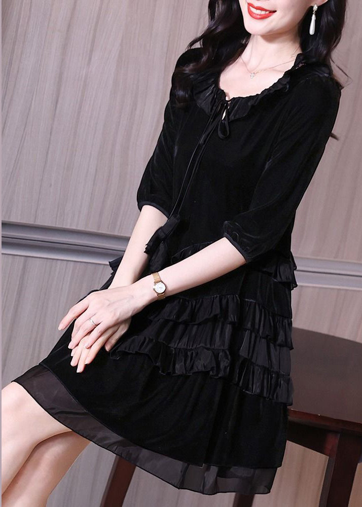 Italian Black Ruffled Lace Up Patchwork Velour Mid Dress Half Sleeve - View 4