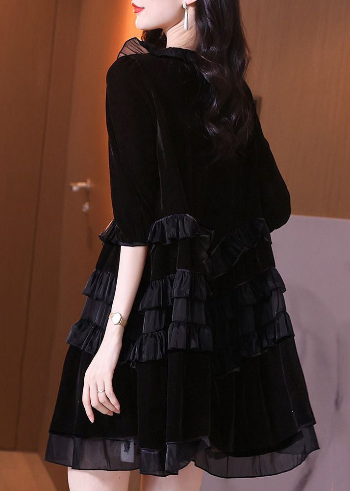 Italian Black Ruffled Lace Up Patchwork Velour Mid Dress Half Sleeve - View 5