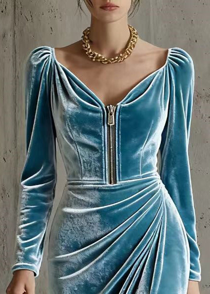Velvet Sweetheart Long Sleeve Zip Front Ruched Bodycon Midi Dress - View 2