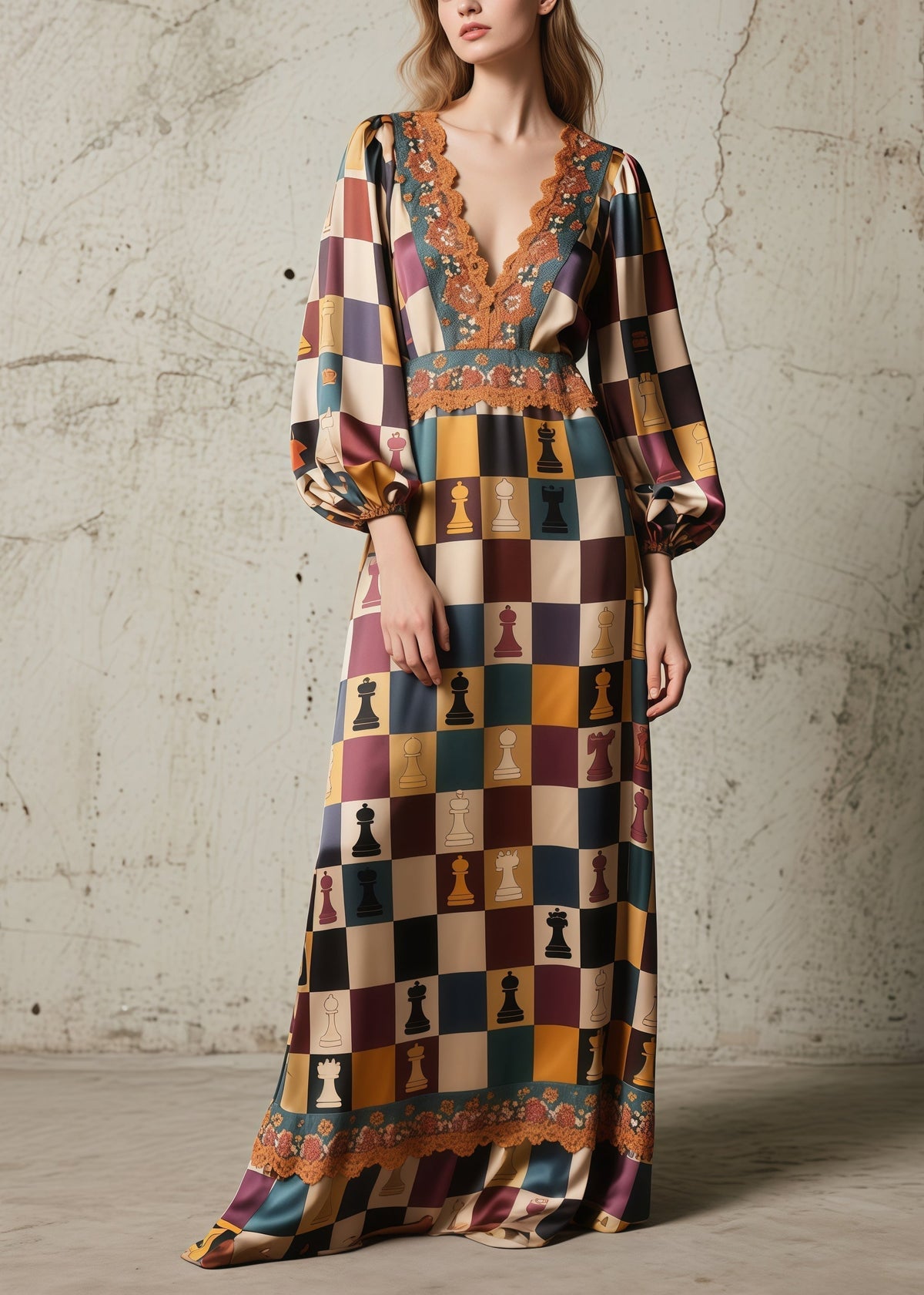 Chess Print Deep V-Neck Bishop Sleeve Lace Trim Empire Waist Maxi Gown