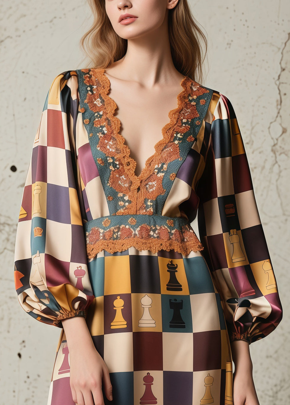 Chess Print Deep V-Neck Bishop Sleeve Lace Trim Empire Waist Maxi Gown - View 2