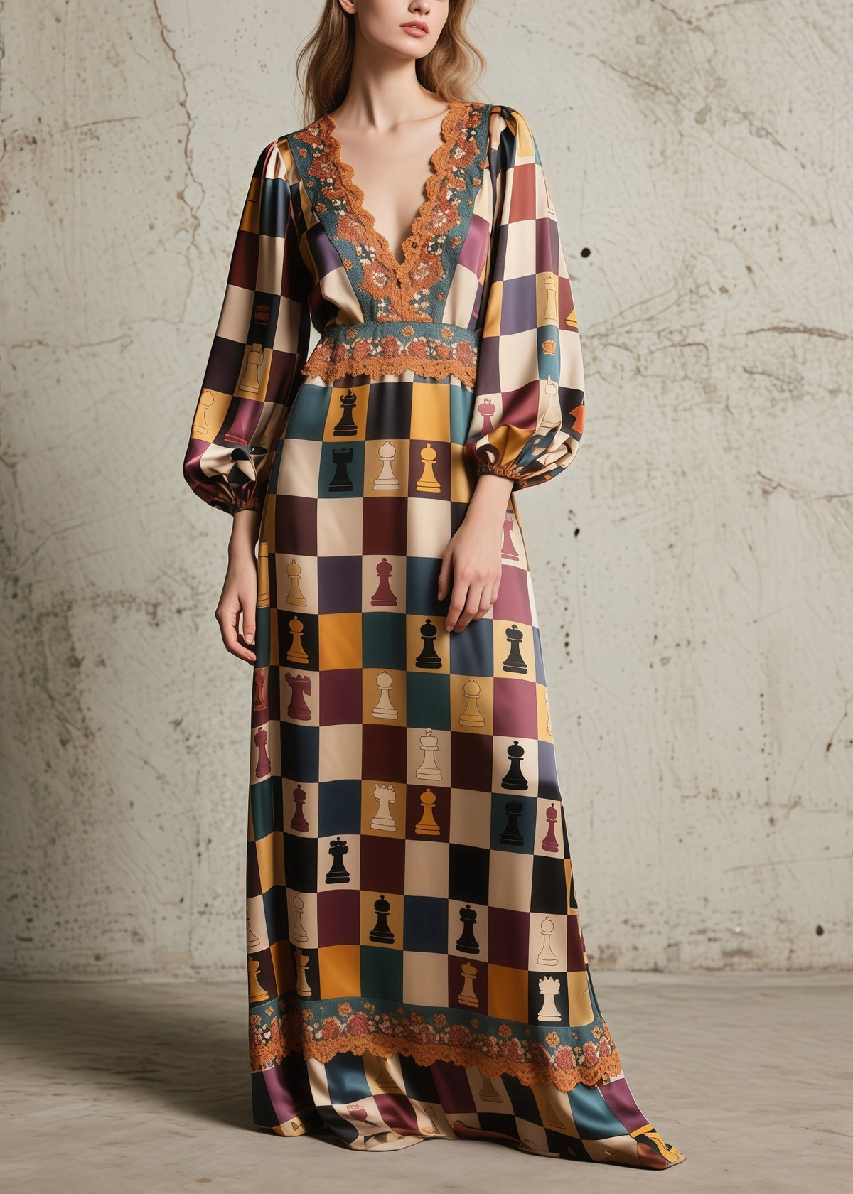 Chess Print Deep V-Neck Bishop Sleeve Lace Trim Empire Waist Maxi Gown - View 3