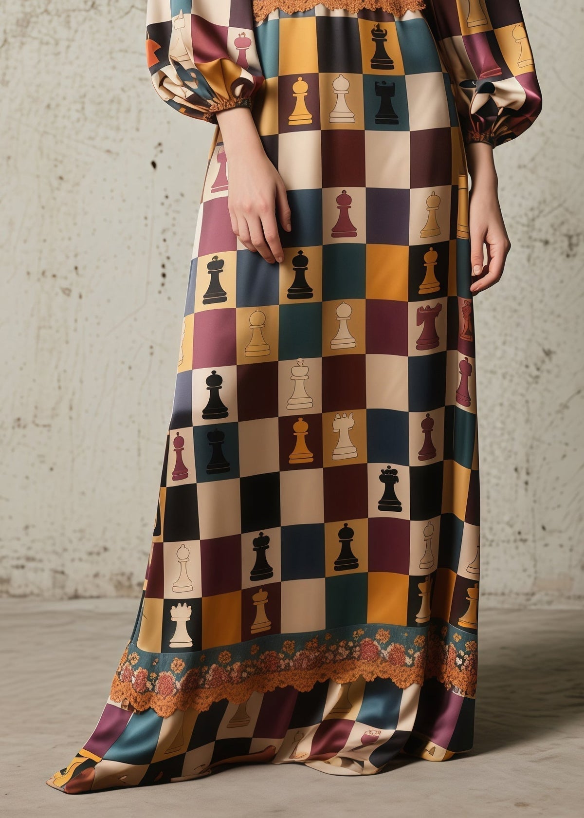 Chess Print Deep V-Neck Bishop Sleeve Lace Trim Empire Waist Maxi Gown - View 4