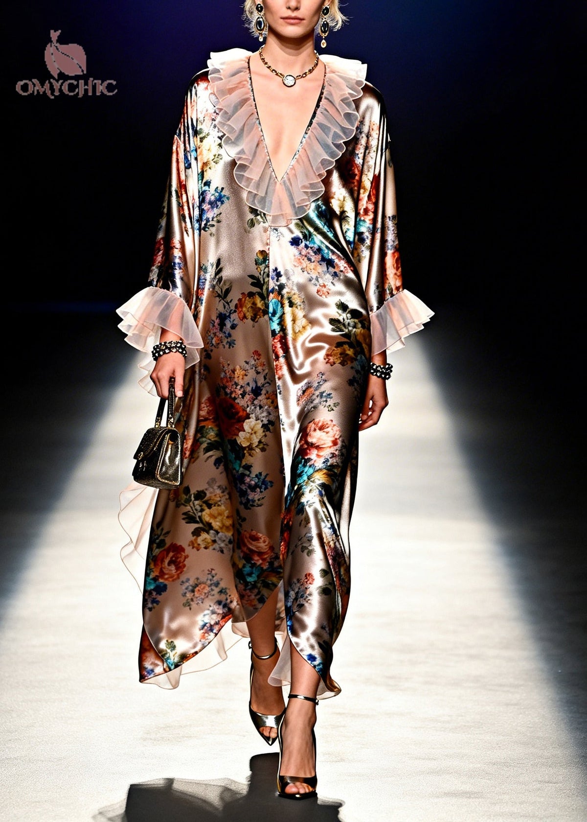 Floral Print Satin Ruffle Collar Cuff Long Sleeve Maxi Dress - View 3