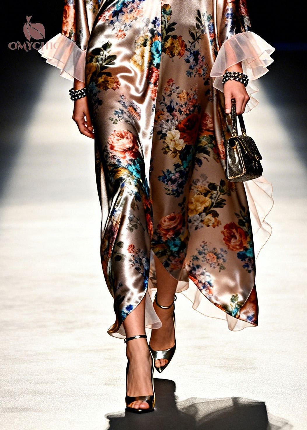 Floral Print Satin Ruffle Collar Cuff Long Sleeve Maxi Dress - View 4