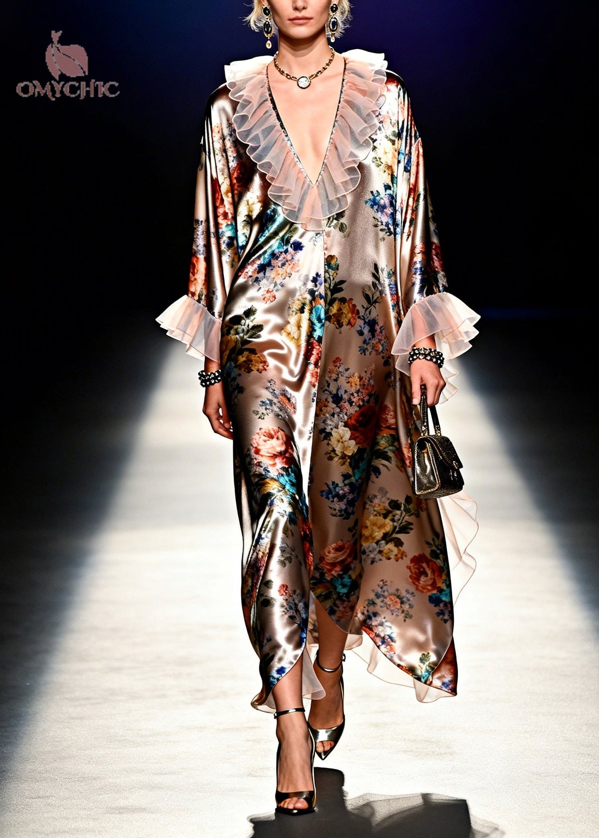 Floral Print Satin Ruffle Collar Cuff Long Sleeve Maxi Dress - View 5