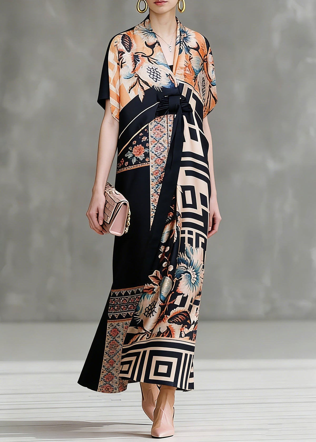 Floral Geometric Print Wrap Deep V-Neck Kimono Sleeve Tie Waist Maxi Gown