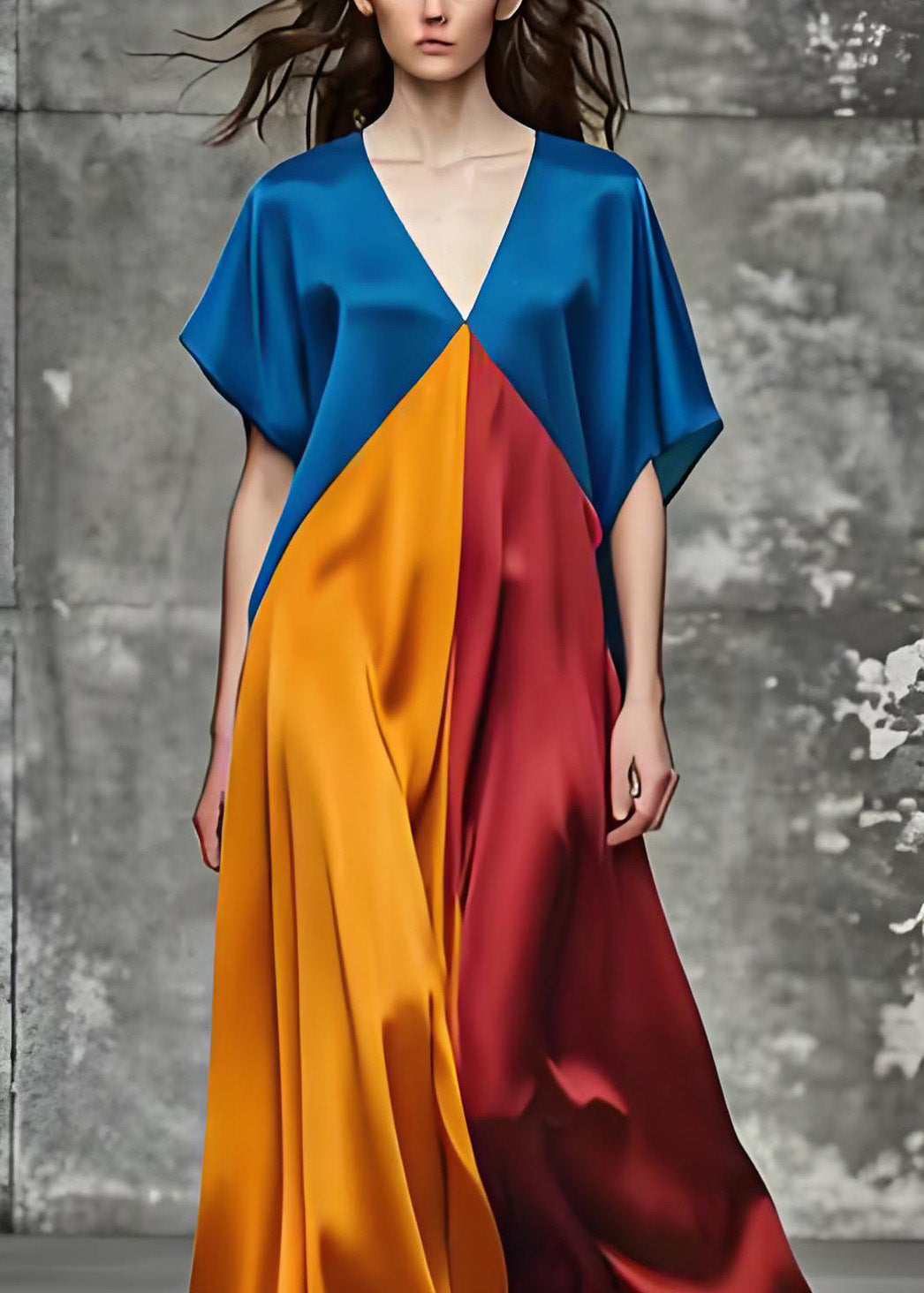 Satin Deep V-Neck Short Sleeve Color Block Kaftan Maxi Dress - View 3