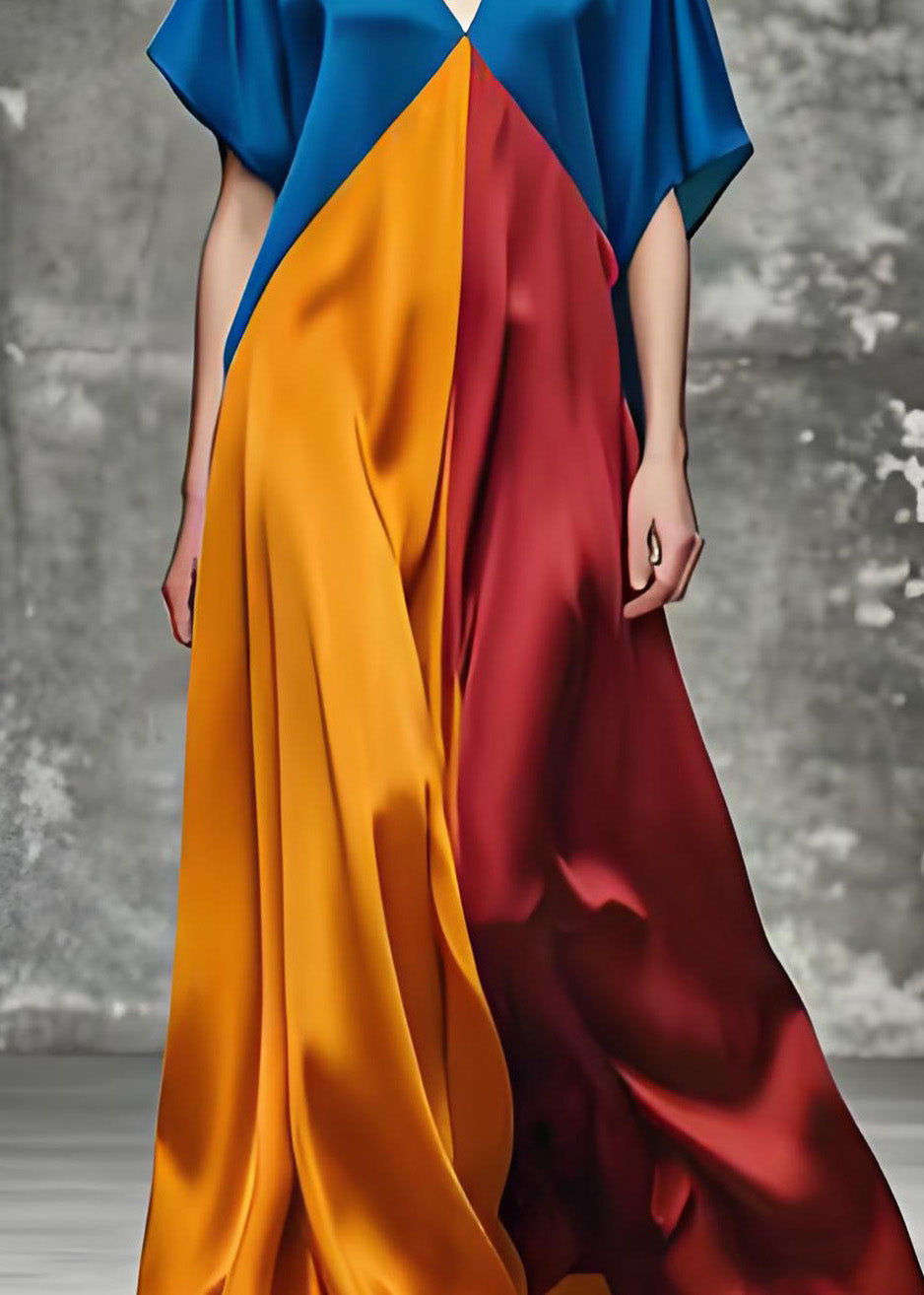 Satin Deep V-Neck Short Sleeve Color Block Kaftan Maxi Dress - View 4