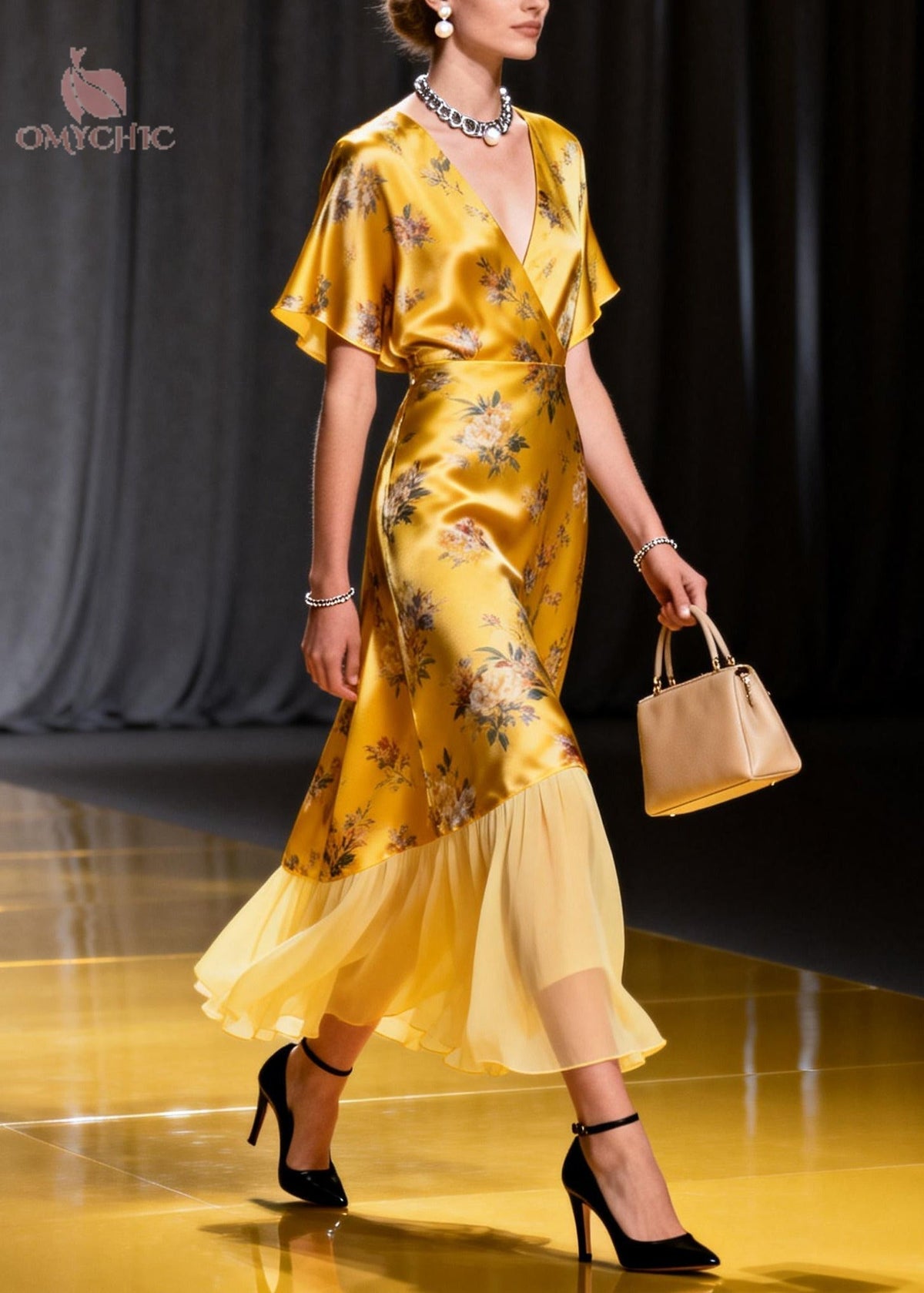 Satin Floral Wrap V-Neck Flutter Sleeve Sheer Ruffle Hem Midi Dress