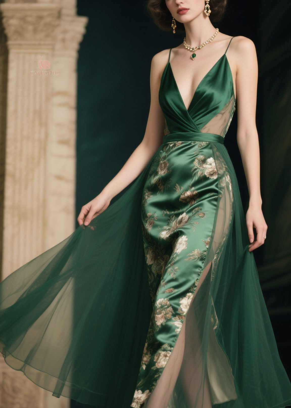 Satin Floral Spaghetti Strap Deep V-Neck Tulle Overlay Midi Dress - View 2