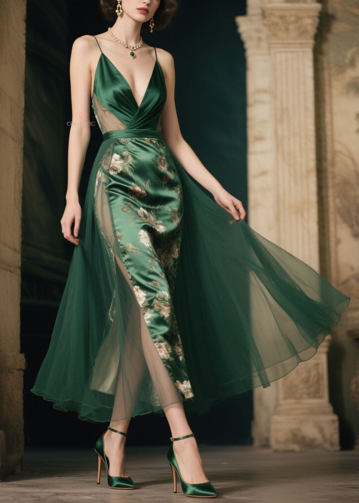 Satin Floral Spaghetti Strap Deep V-Neck Tulle Overlay Midi Dress - View 3