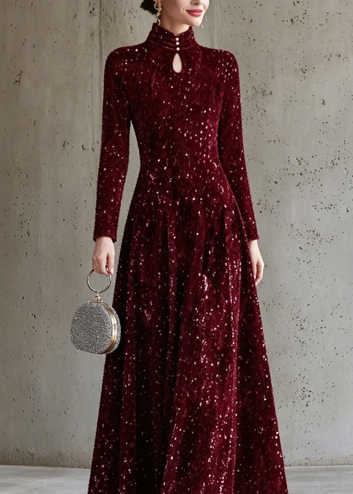 Sequin Velvet High Neck Long Sleeve A-Line Maxi Dress - View 2
