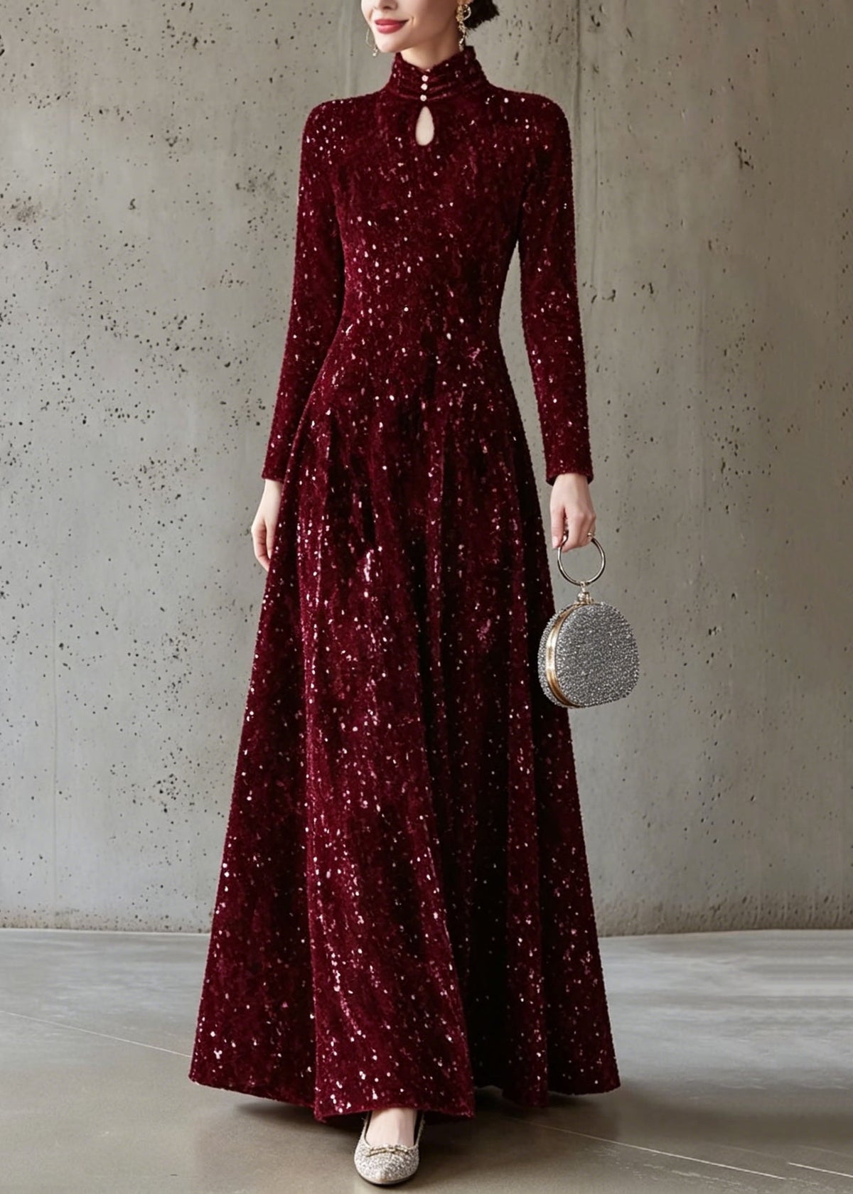 Sequin Velvet High Neck Long Sleeve A-Line Maxi Dress - View 3