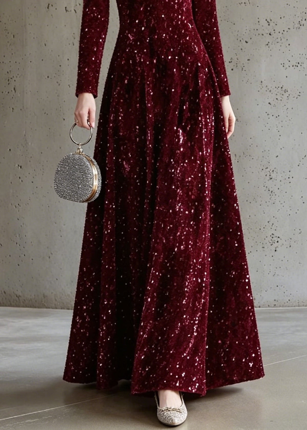 Sequin Velvet High Neck Long Sleeve A-Line Maxi Dress - View 4