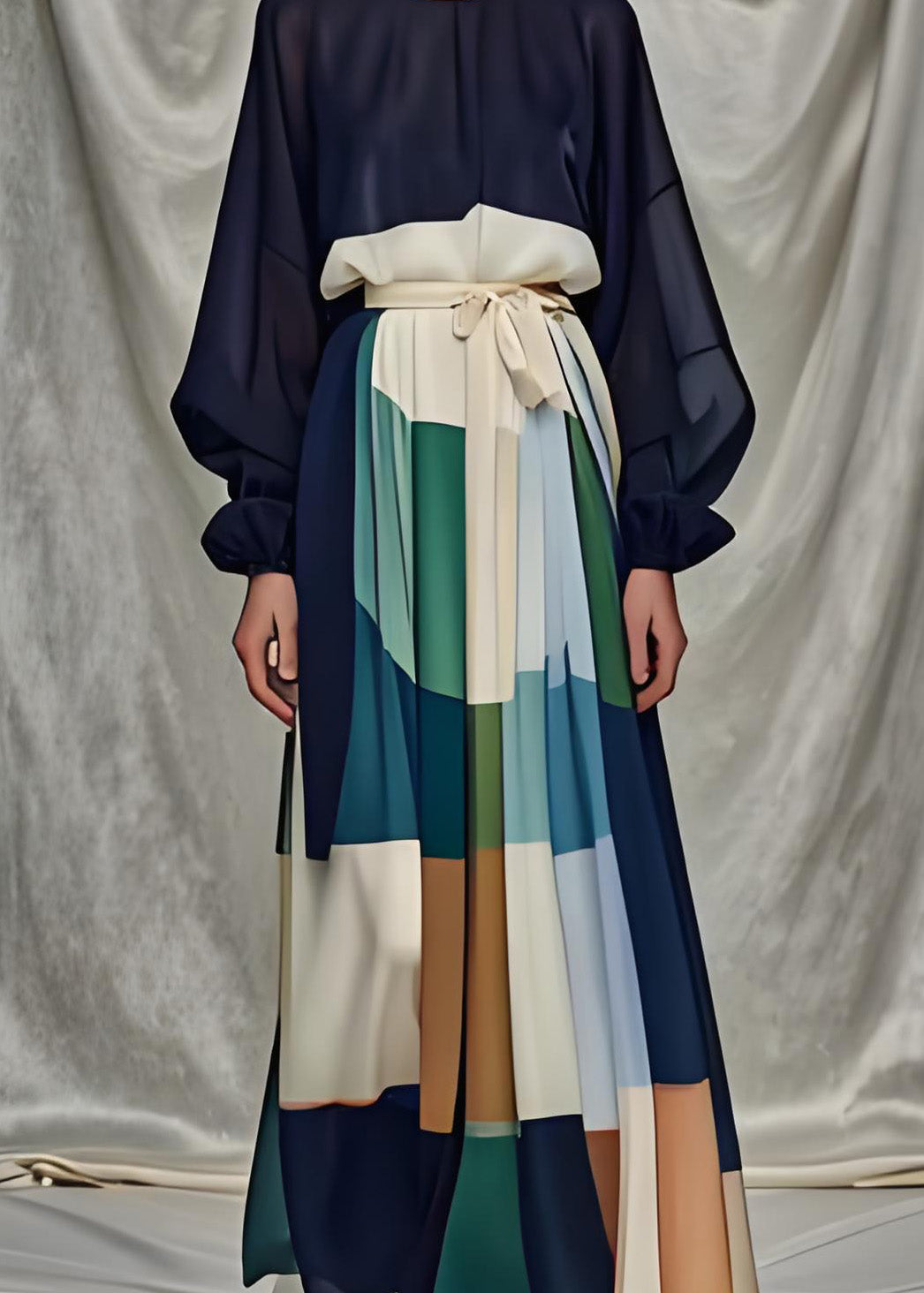 Patchwork Bishop Sleeve Tie Sash A-Line Maxi Dress - View 4