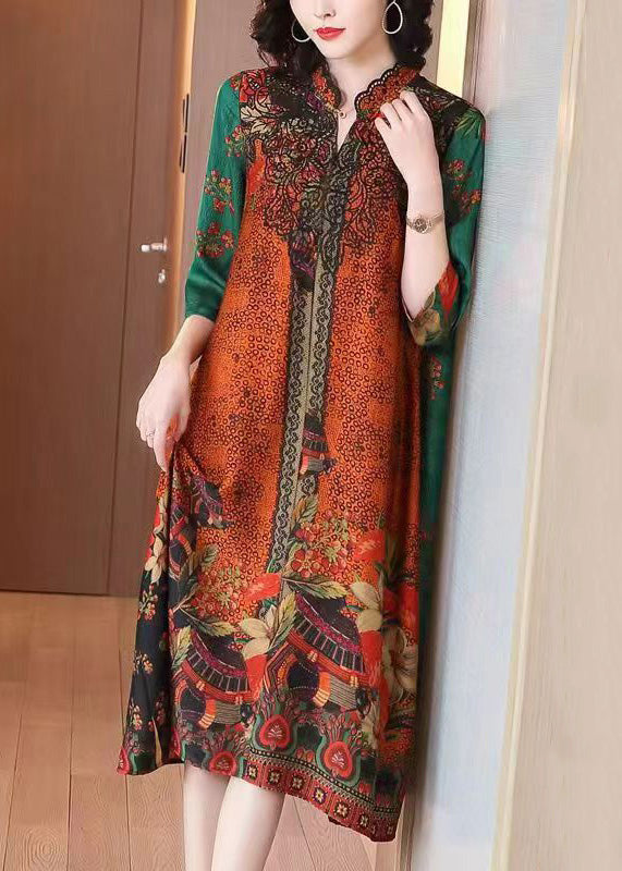 Patchwork Print Notched Collar Scalloped Trim A-Line Midi Dress - View 2