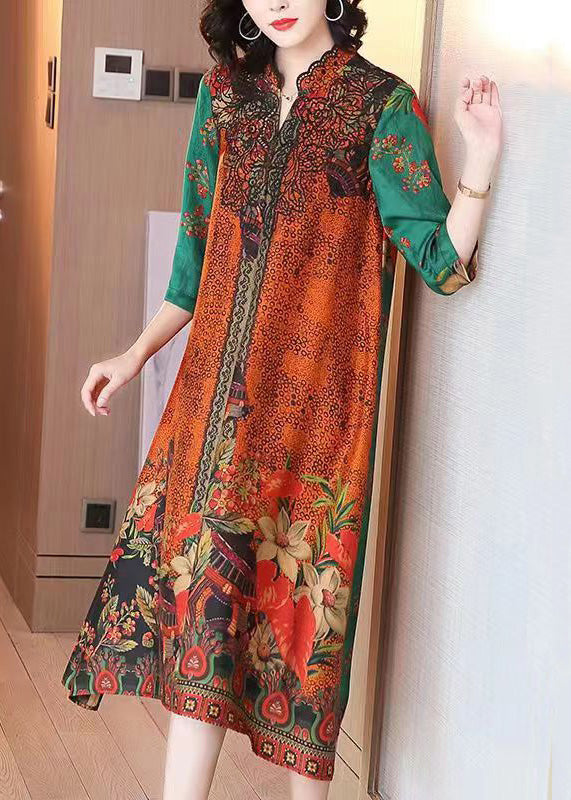 Patchwork Print Notched Collar Scalloped Trim A-Line Midi Dress - View 3