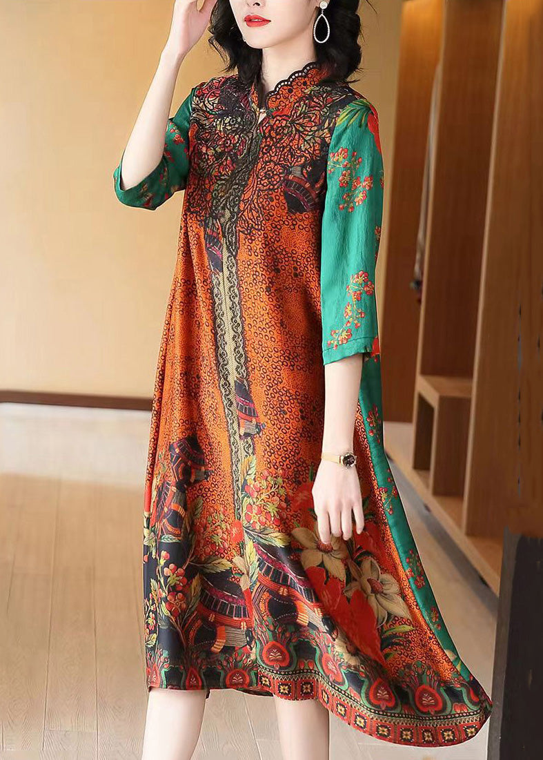 Patchwork Print Notched Collar Scalloped Trim A-Line Midi Dress - View 4