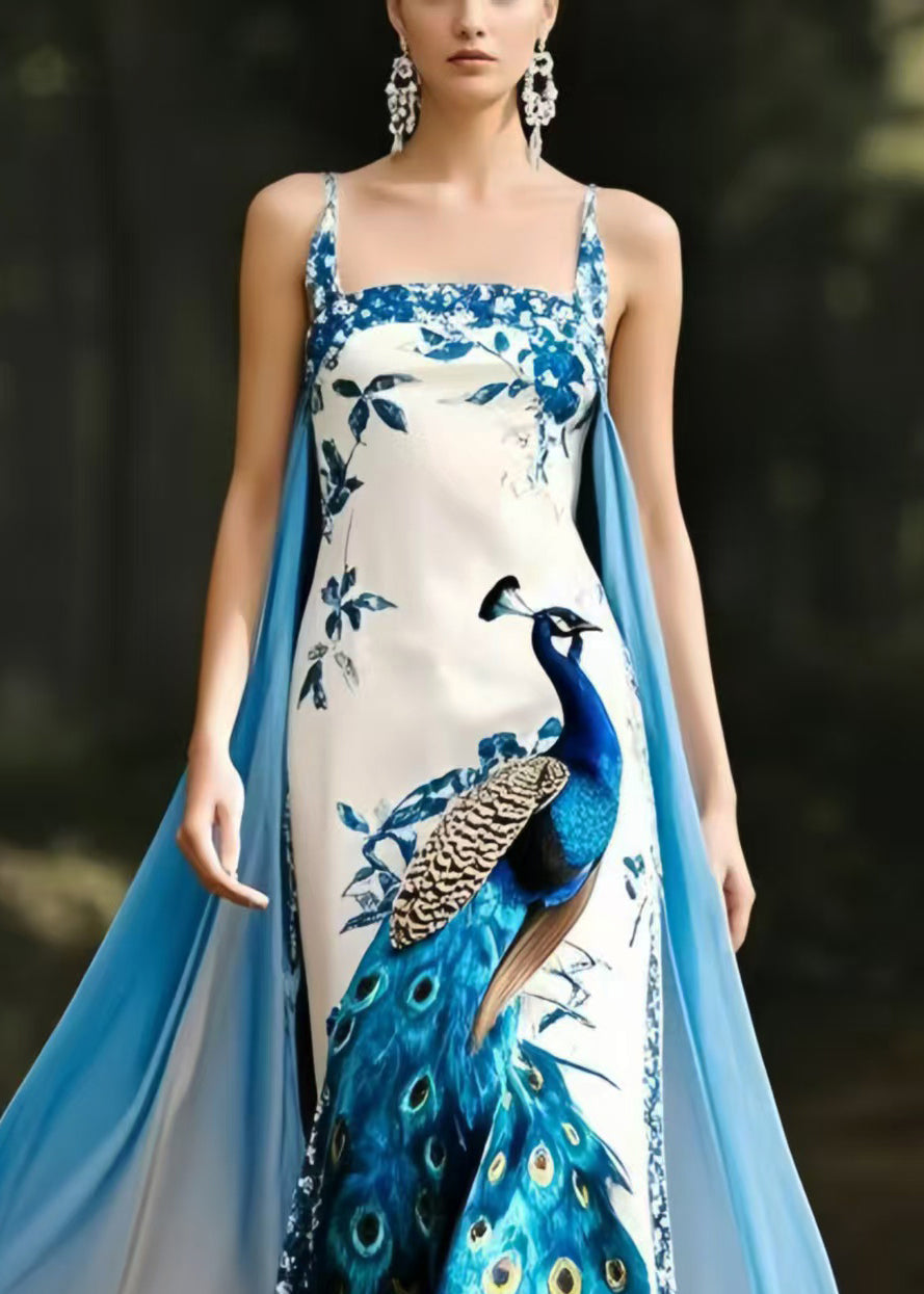 Peacock Print Spaghetti Strap Square Neck Cape Train Maxi Gown - View 2