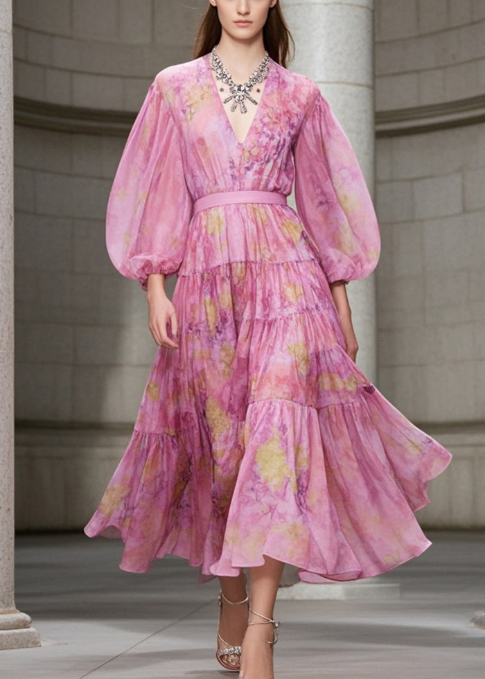 Abstract Print Tiered Deep V-Neck Bishop Sleeve Chiffon Midi Dress - View 3