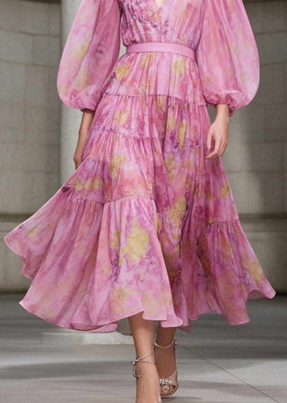Abstract Print Tiered Deep V-Neck Bishop Sleeve Chiffon Midi Dress - View 4
