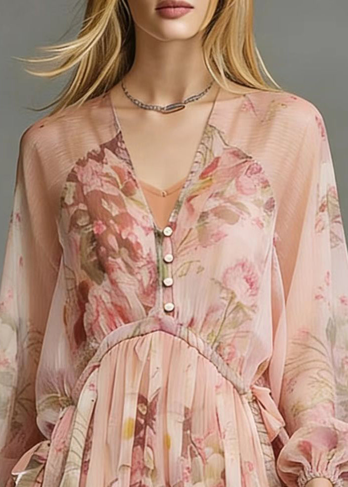 Floral Print V-Neck Button Front Tie Waist Long Sleeve Mini Dress - View 2