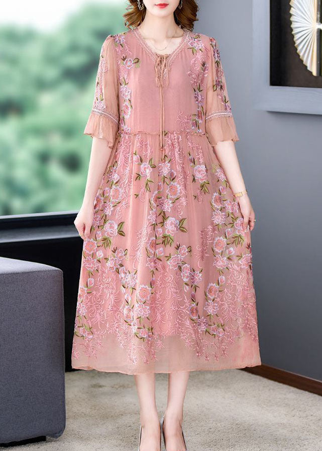 Lace Up V-Neck Flutter Sleeve Floral Embroidered Organza Midi Dress