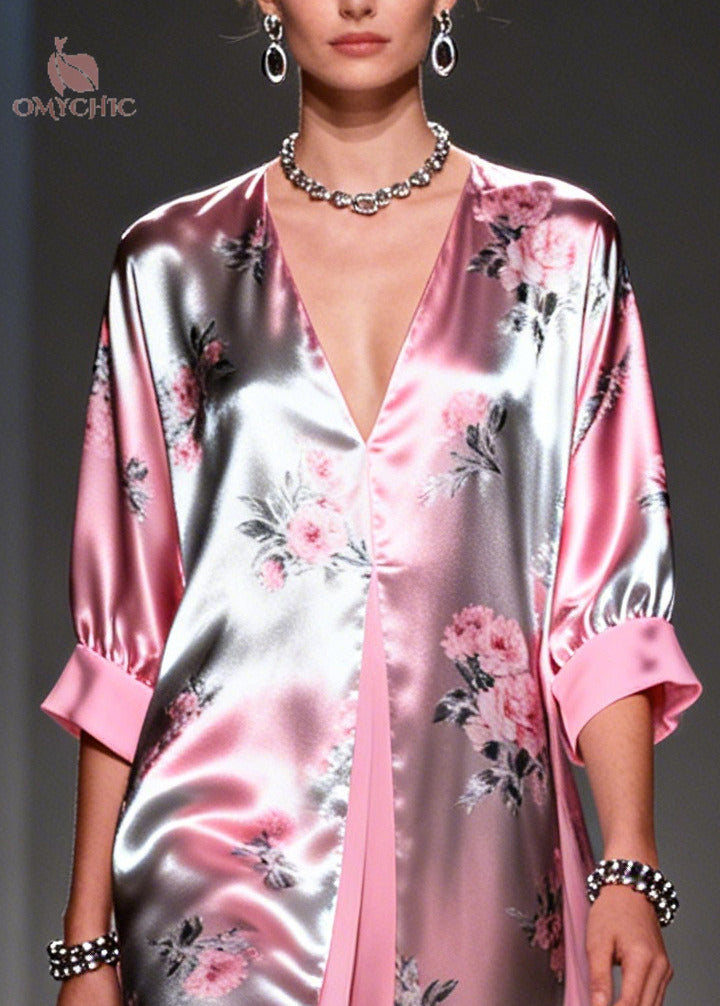 Satin Metallic Floral Deep V-Neck Sleeve High Split Maxi Gown - View 2