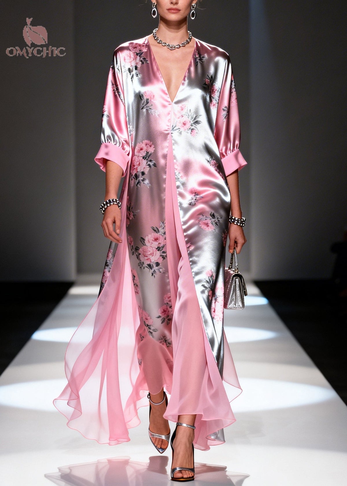 Satin Metallic Floral Deep V-Neck Sleeve High Split Maxi Gown - View 3