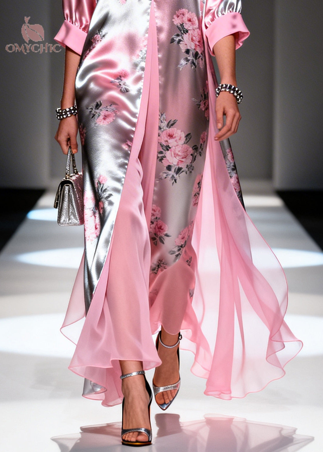 Satin Metallic Floral Deep V-Neck Sleeve High Split Maxi Gown - View 4