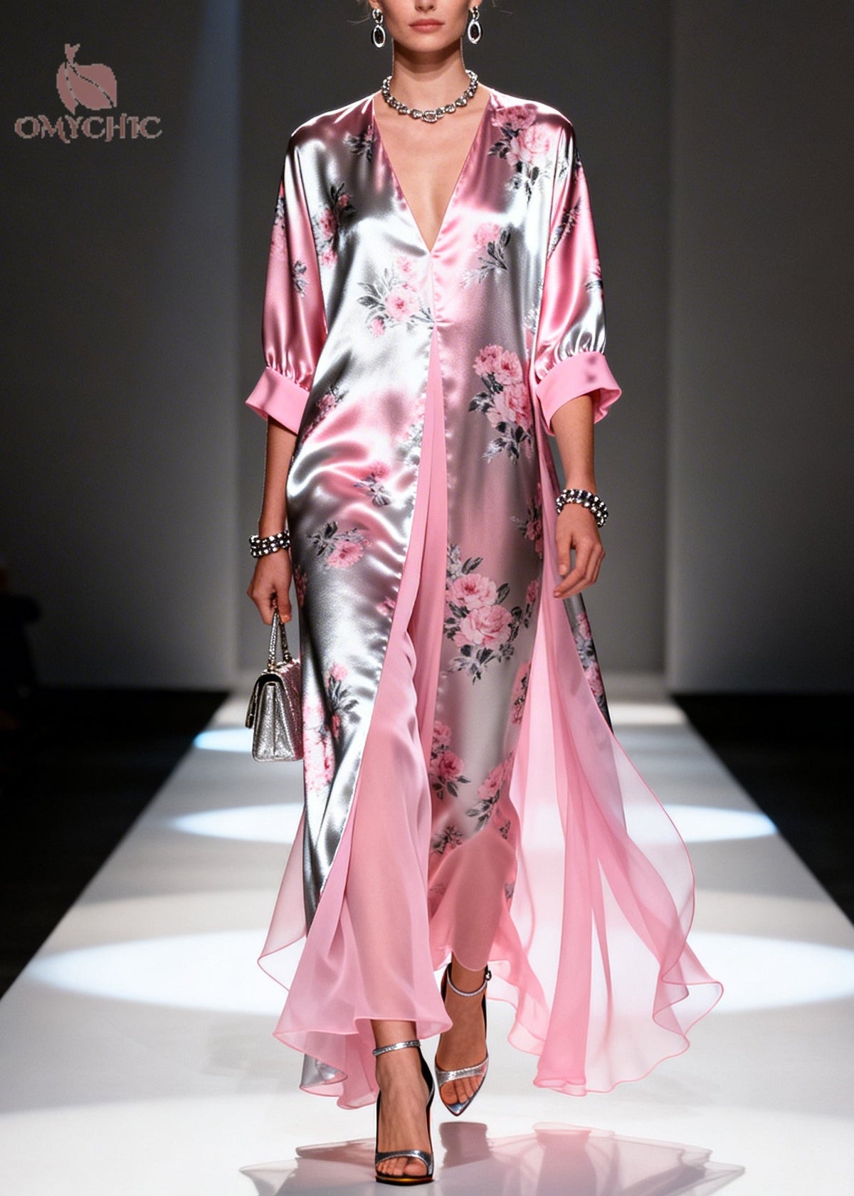 Satin Metallic Floral Deep V-Neck Sleeve High Split Maxi Gown - View 5