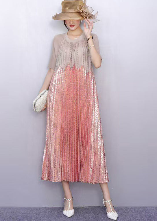 Round Neck Short Sleeve Studded Scalloped Bodice Maxi Dress