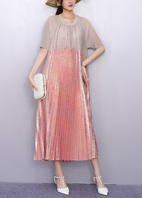 Round Neck Short Sleeve Studded Scalloped Bodice Maxi Dress - View 3