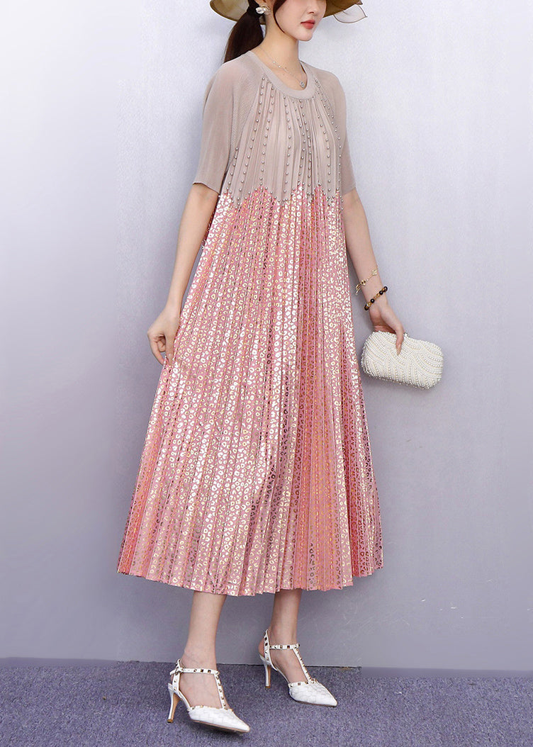 Round Neck Short Sleeve Studded Scalloped Bodice Maxi Dress - View 4