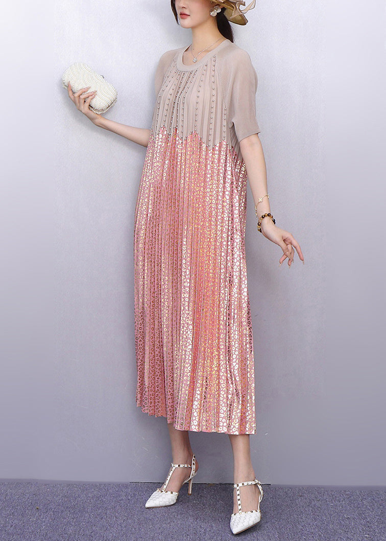 Round Neck Short Sleeve Studded Scalloped Bodice Maxi Dress - View 5