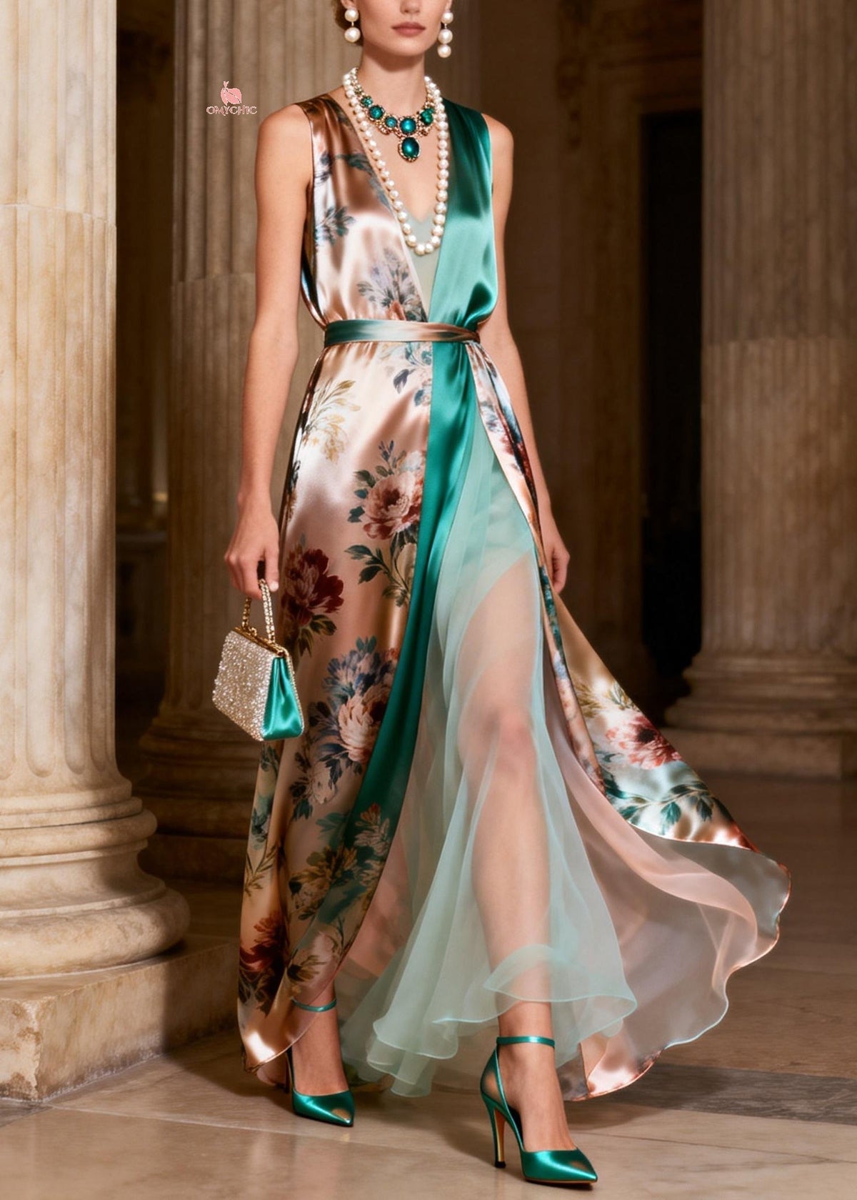 Rose Floral Print Wrap V-Neck Belted Tulle Underskirt High Split Gown