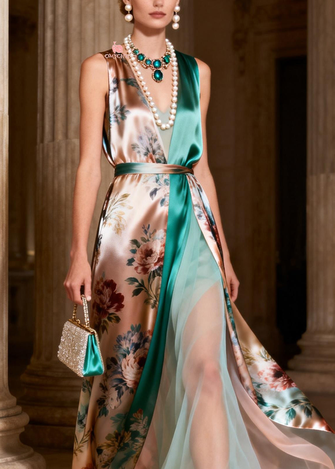 Rose Floral Print Wrap V-Neck Belted Tulle Underskirt High Split Gown - View 2