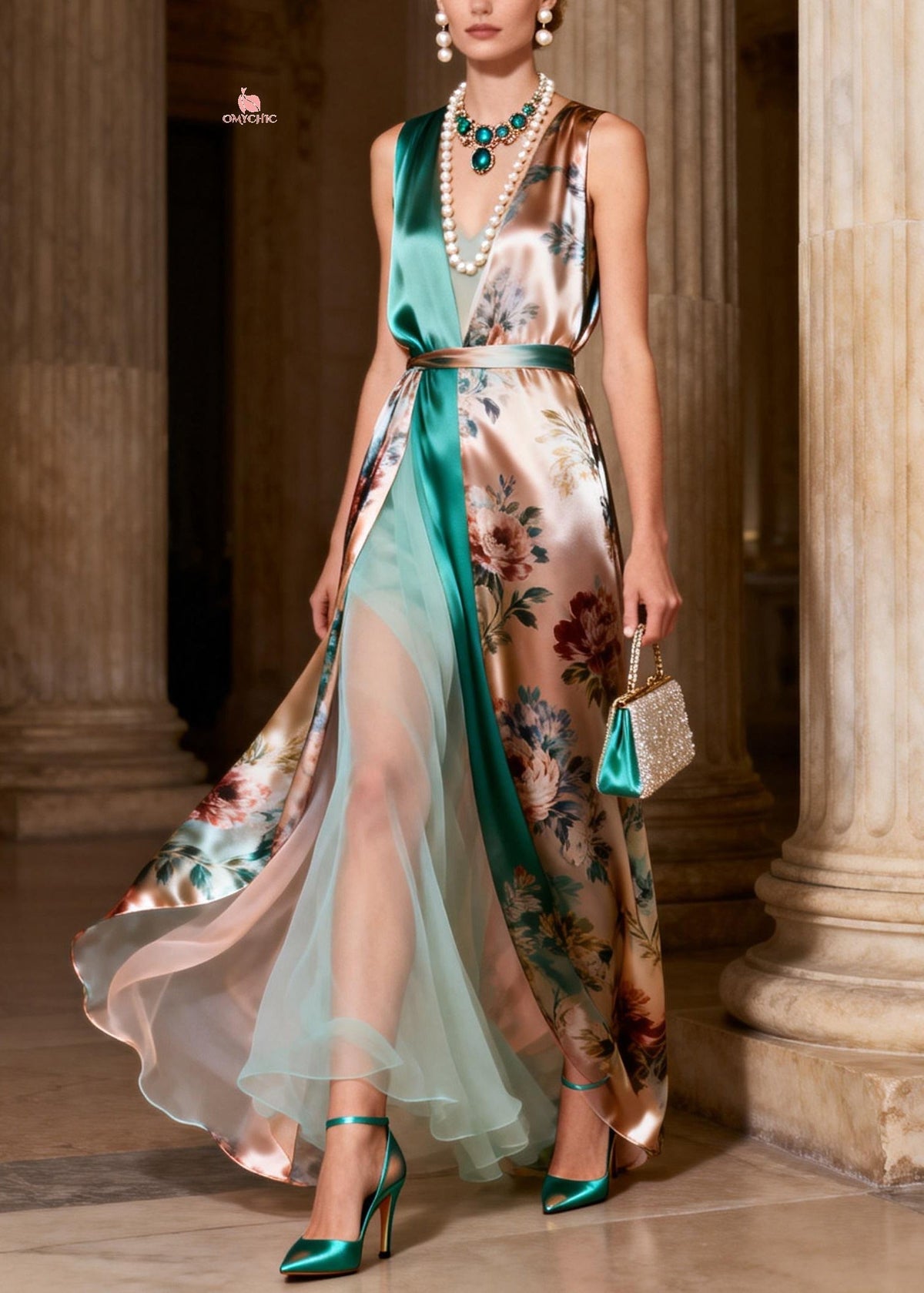 Rose Floral Print Wrap V-Neck Belted Tulle Underskirt High Split Gown - View 3