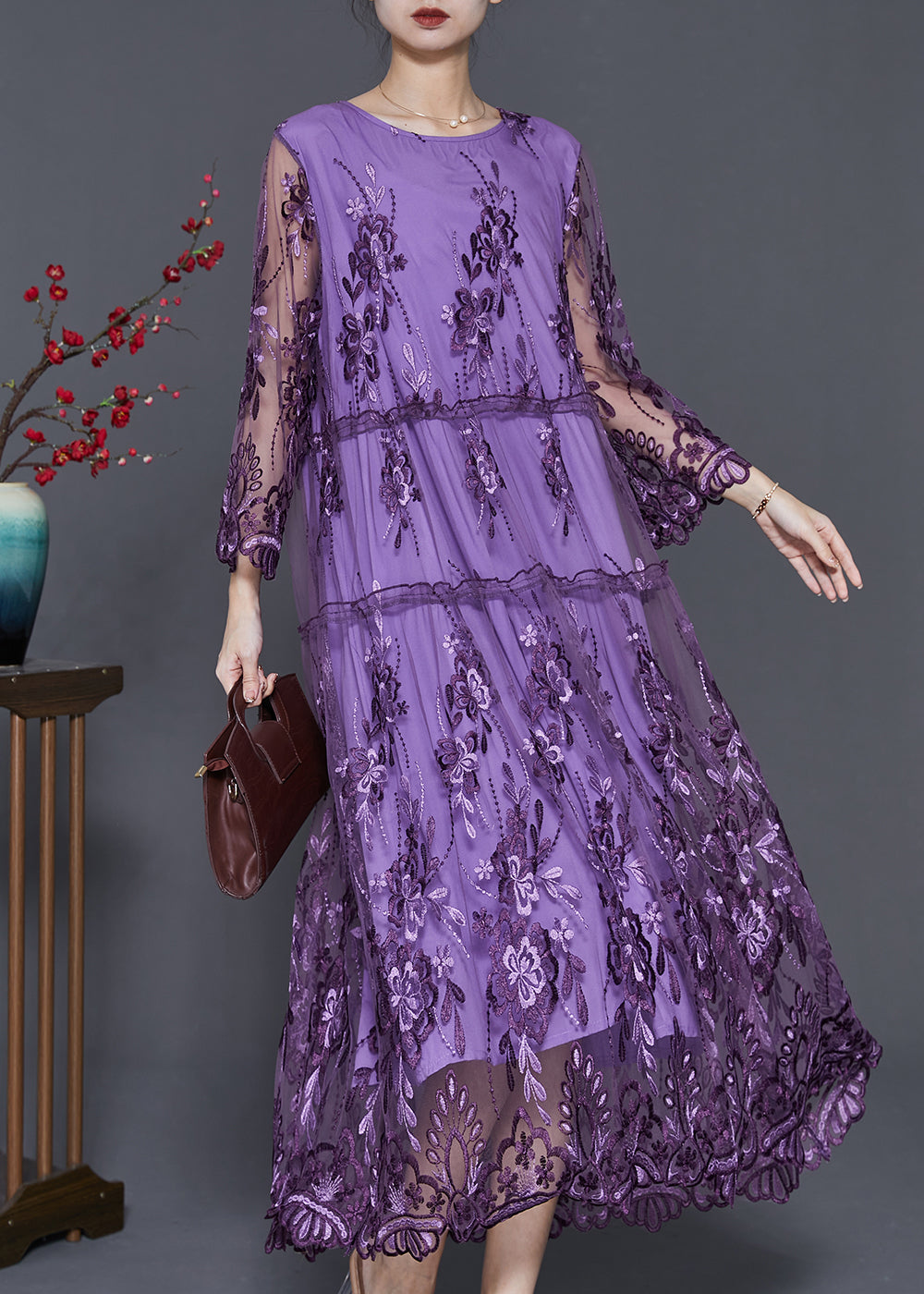 Tulle Floral Embroidery Long Sleeve Tiered Scalloped Midi Dress