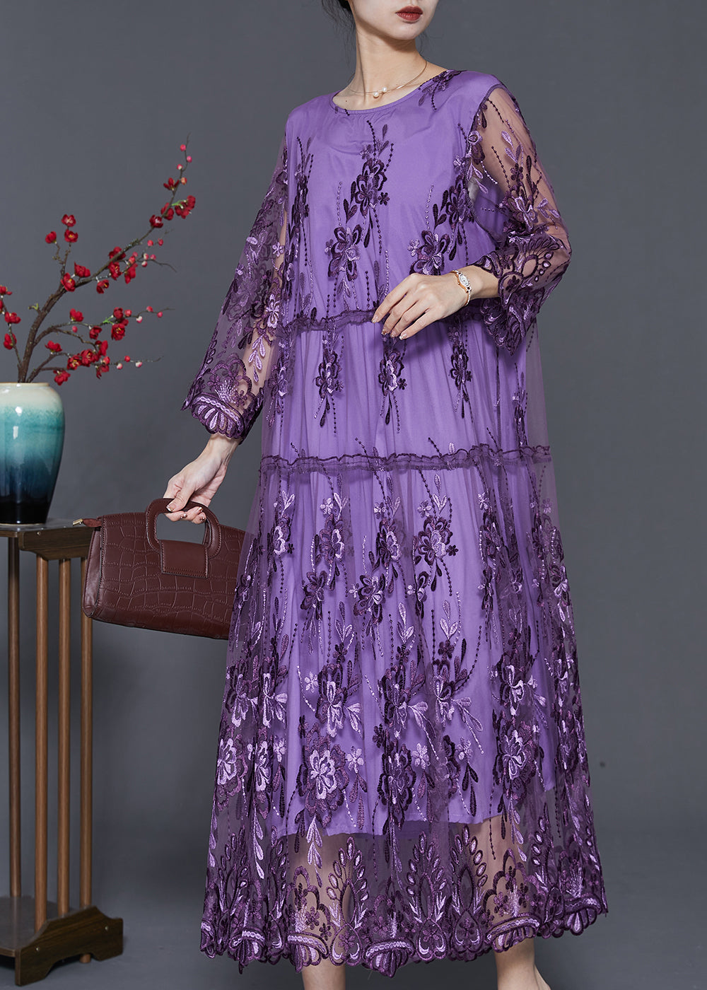 Tulle Floral Embroidery Long Sleeve Tiered Scalloped Midi Dress - View 2