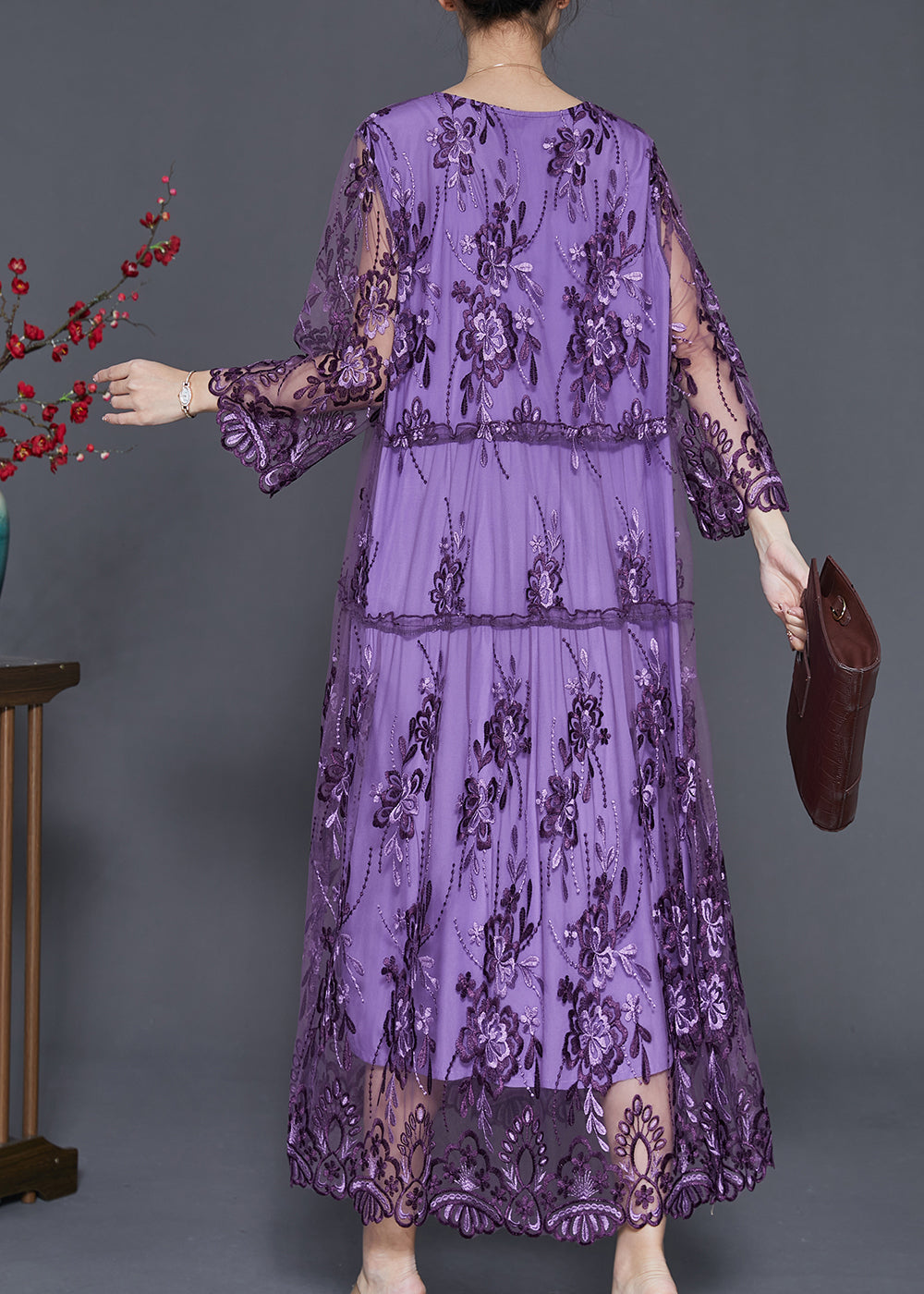 Tulle Floral Embroidery Long Sleeve Tiered Scalloped Midi Dress - View 4