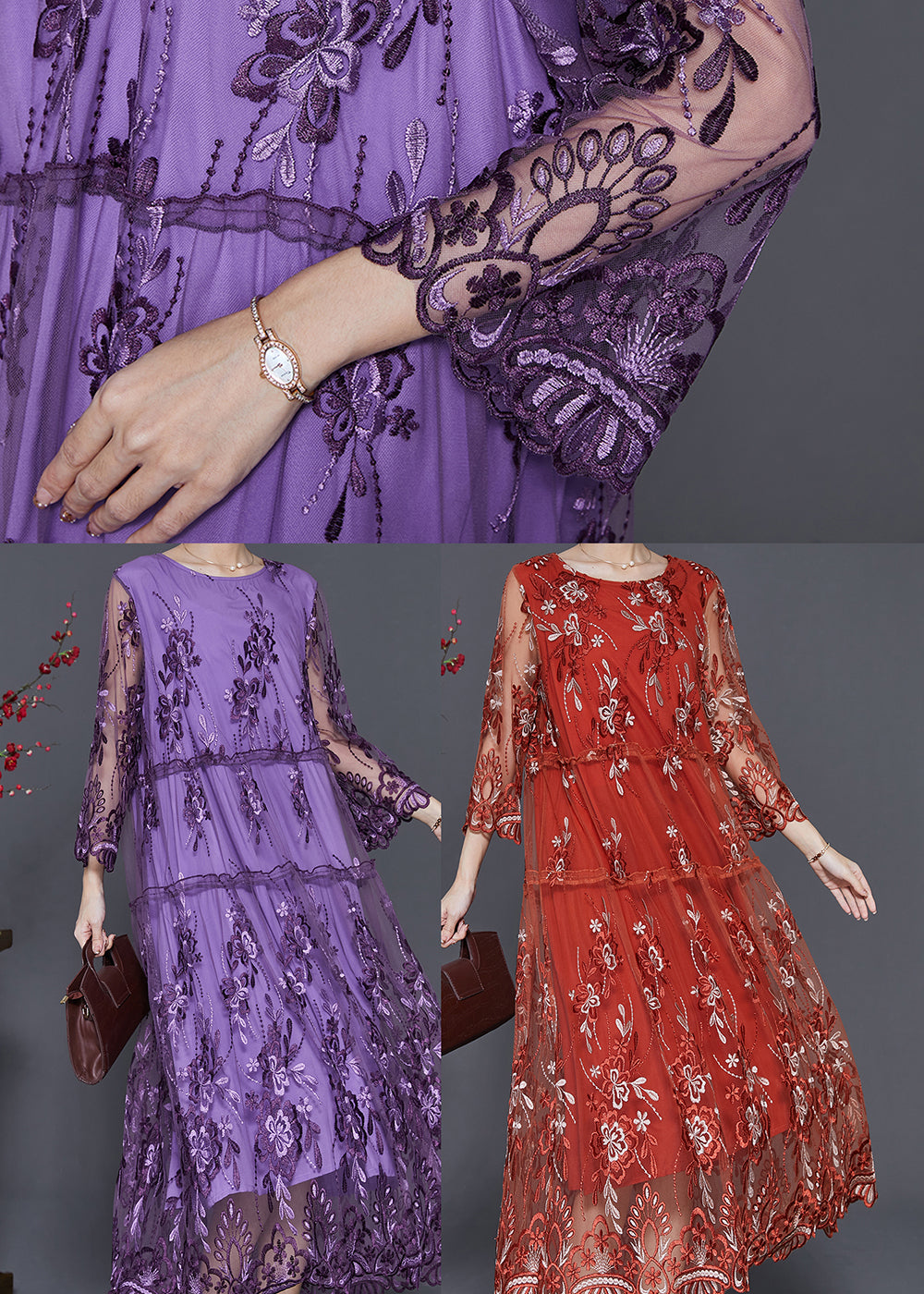 Tulle Floral Embroidery Long Sleeve Tiered Scalloped Midi Dress - View 5