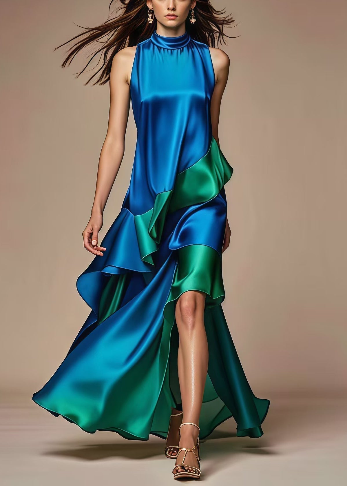 Satin Tiered Ruffle High Low Mock Neck Sleeveless Gown