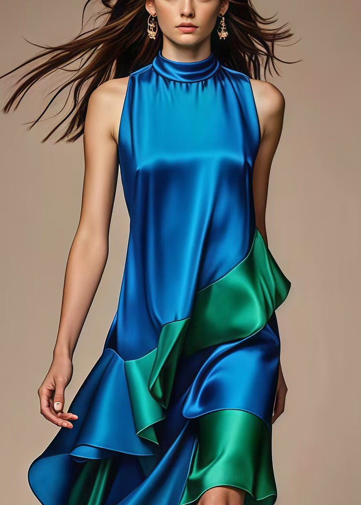 Satin Tiered Ruffle High Low Mock Neck Sleeveless Gown - View 2