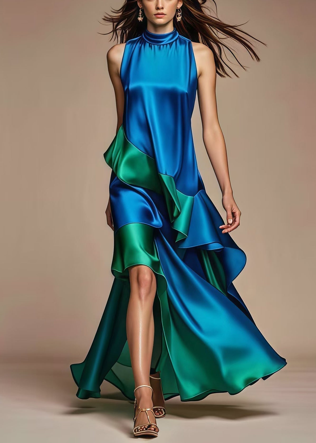 Satin Tiered Ruffle High Low Mock Neck Sleeveless Gown - View 3