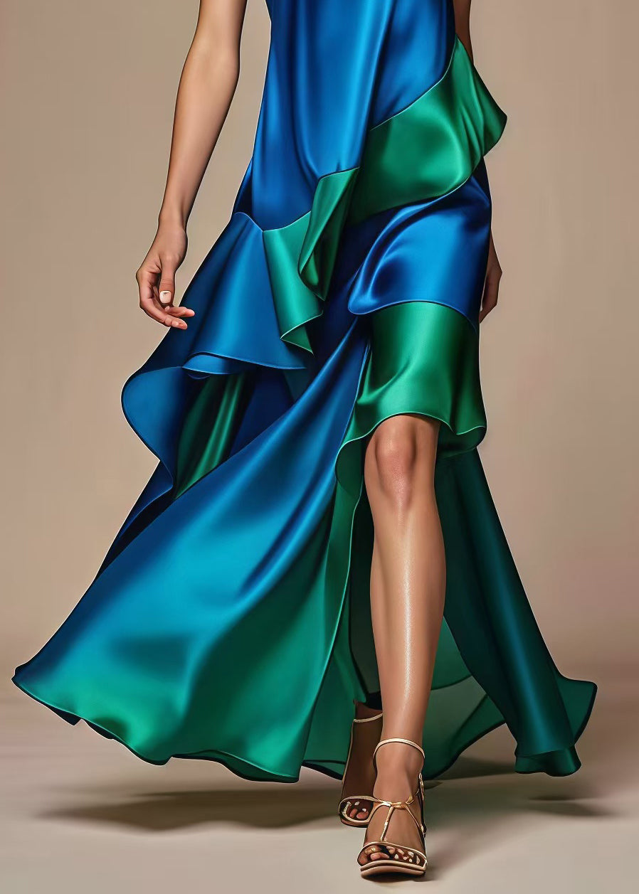 Satin Tiered Ruffle High Low Mock Neck Sleeveless Gown - View 4