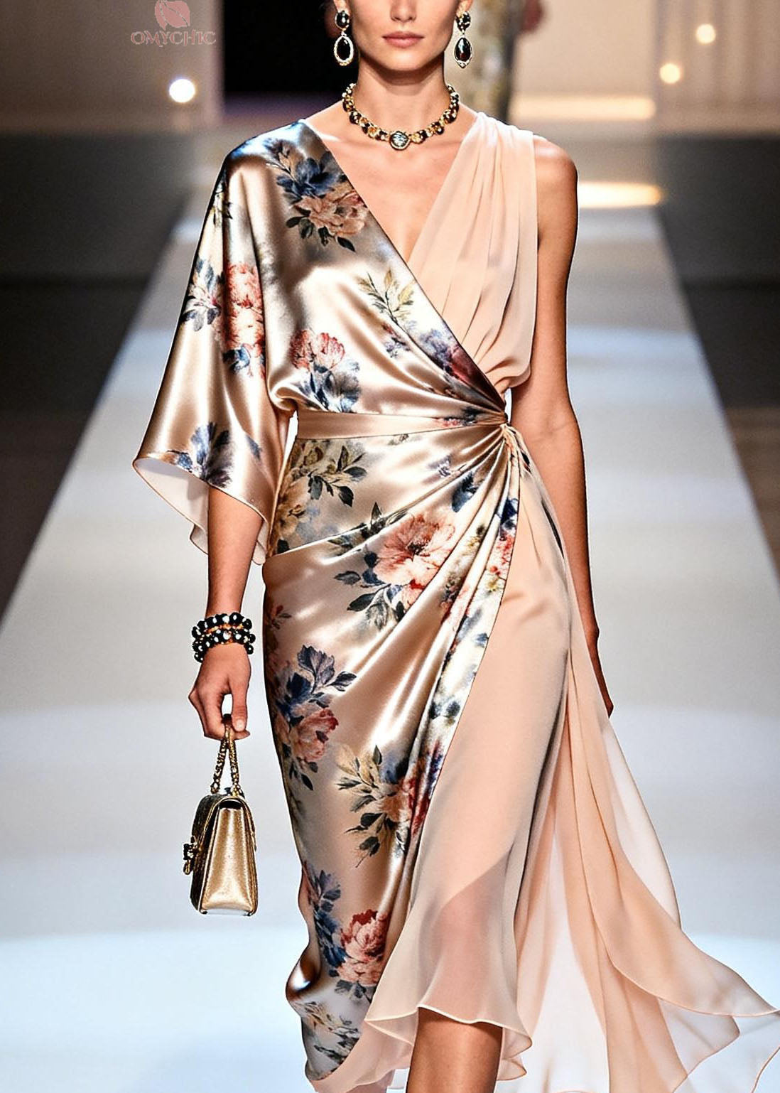 Satin Floral Print One Shoulder Asymmetric Wrap Midi Dress - View 2